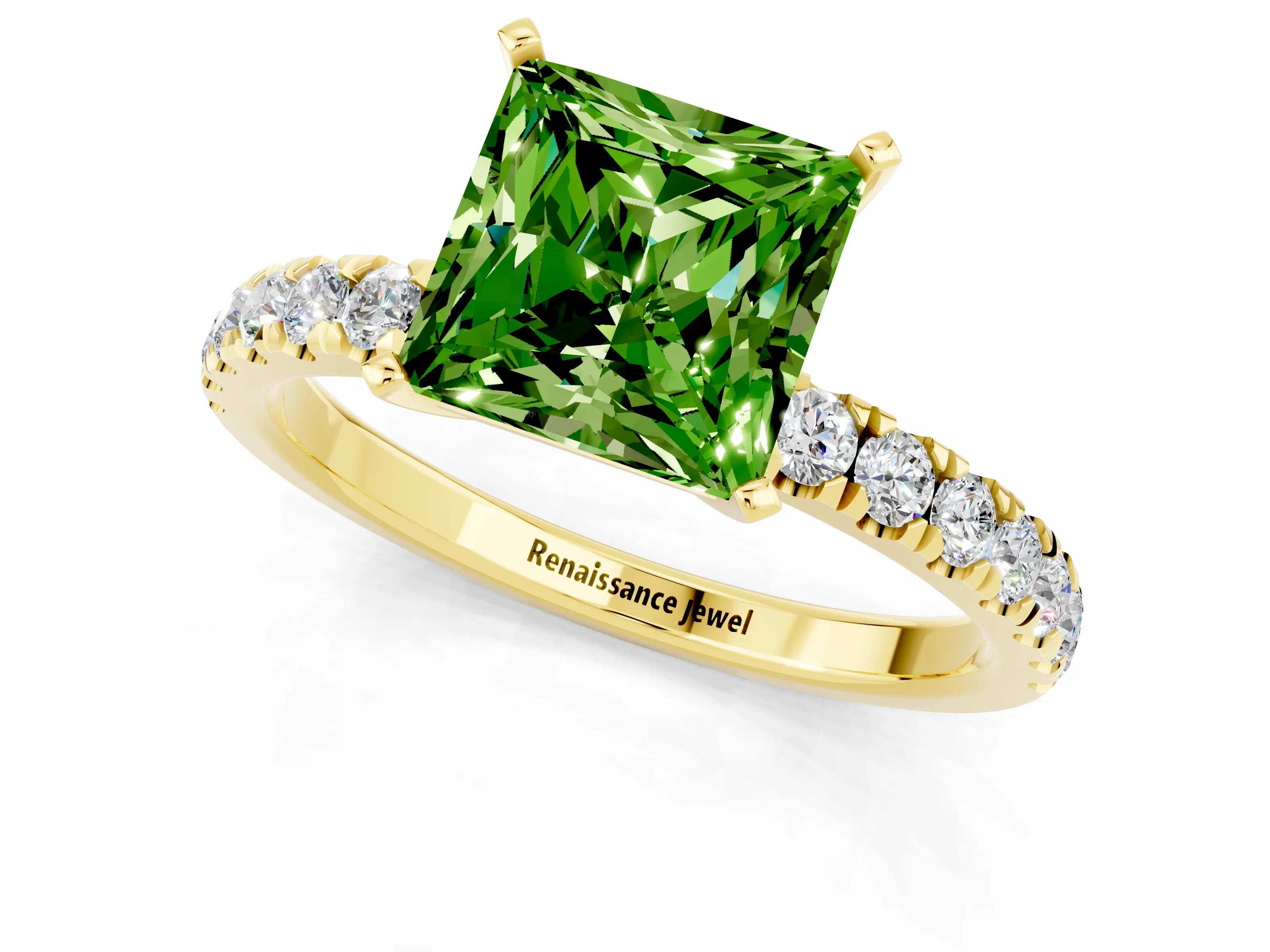 Yellow gold Princess Cut Peridot Solitaire Ring with Pavé Accents and Four-Prong Setting_1