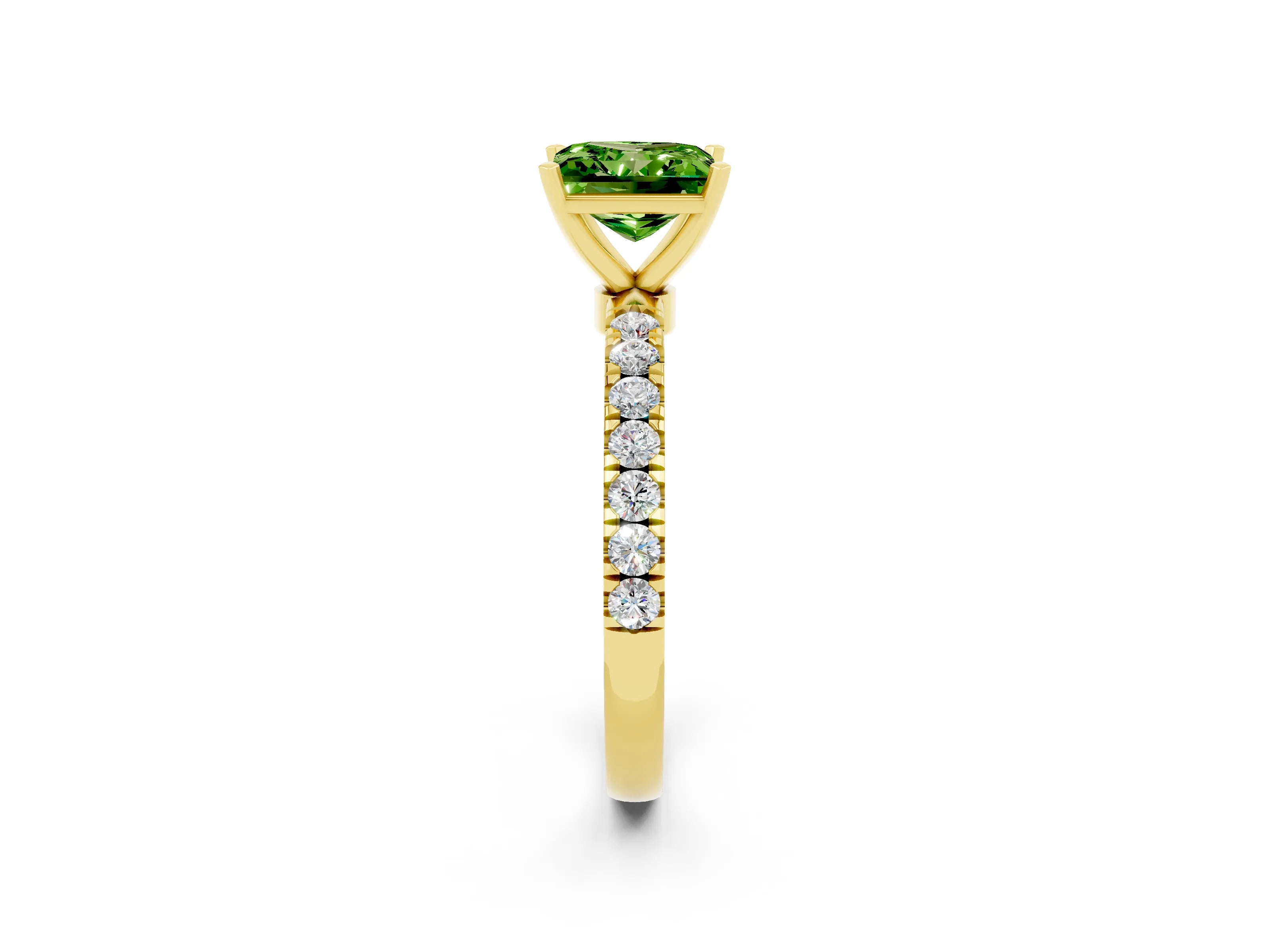 Yellow gold Princess Cut Peridot Solitaire Ring with Pavé Accents and Four-Prong Setting_2