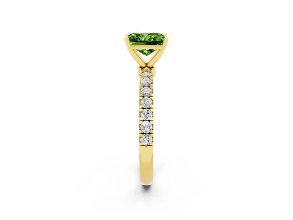 Yellow gold Princess Cut Peridot Solitaire Ring with Pavé Accents and Four-Prong Setting