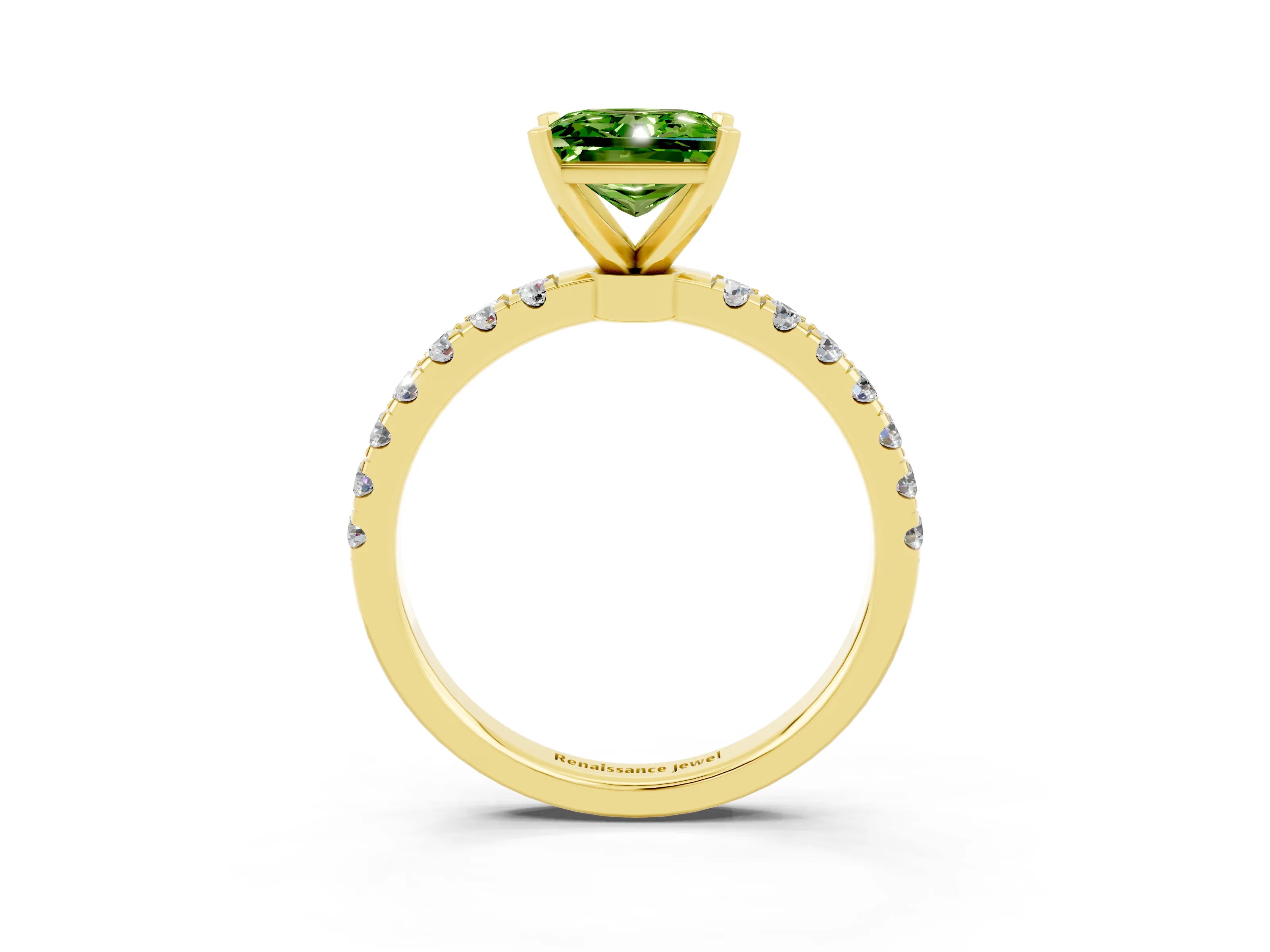 Yellow gold Princess Cut Peridot Solitaire Ring with Pavé Accents and Four-Prong Setting_3