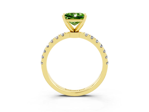 Yellow gold Princess Cut Peridot Solitaire Ring with Pavé Accents and Four-Prong Setting