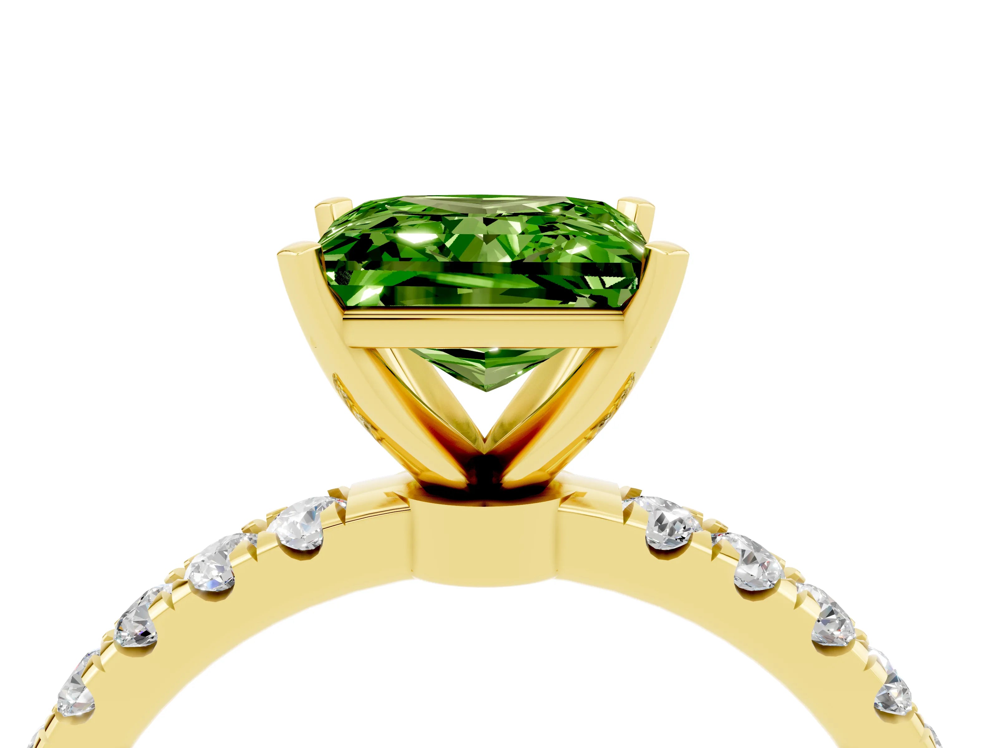 Yellow gold Princess Cut Peridot Solitaire Ring with Pavé Accents and Four-Prong Setting_4