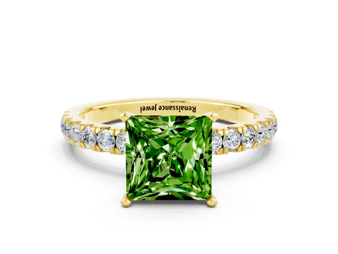 Yellow gold Princess Cut Peridot Solitaire Ring with Pavé Accents and Four-Prong Setting