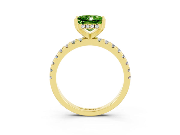 Yellow gold Princess Cut Peridot Solitaire Ring with Round  Pavé Band and Four-Prong Setting
