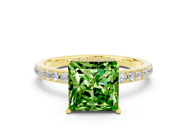 Yellow gold Princess Cut Peridot Solitaire Ring with Pavé Band and Hidden Halo