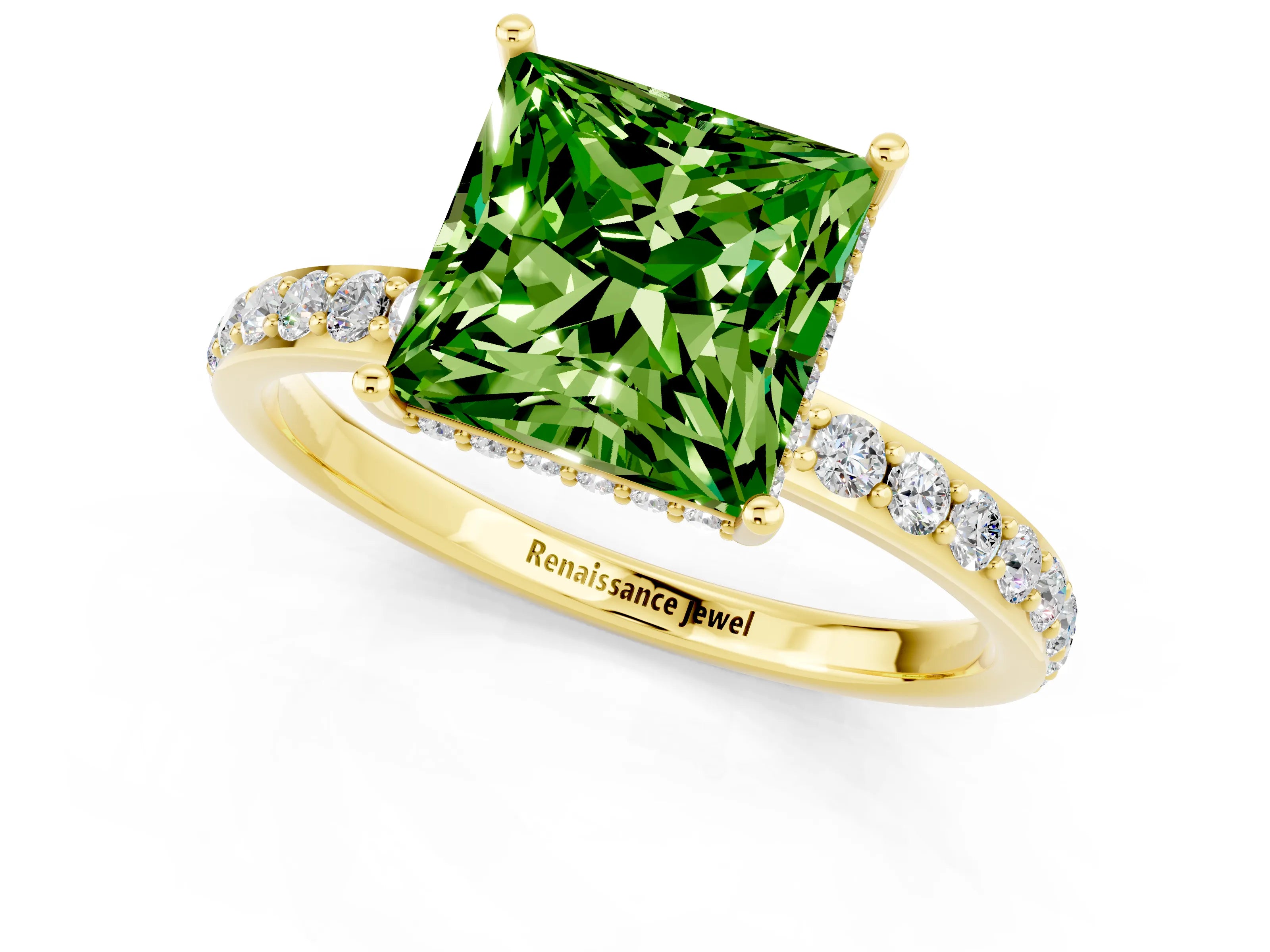 Yellow gold Princess Cut Peridot Solitaire Ring with Pavé Band and Hidden Halo_13