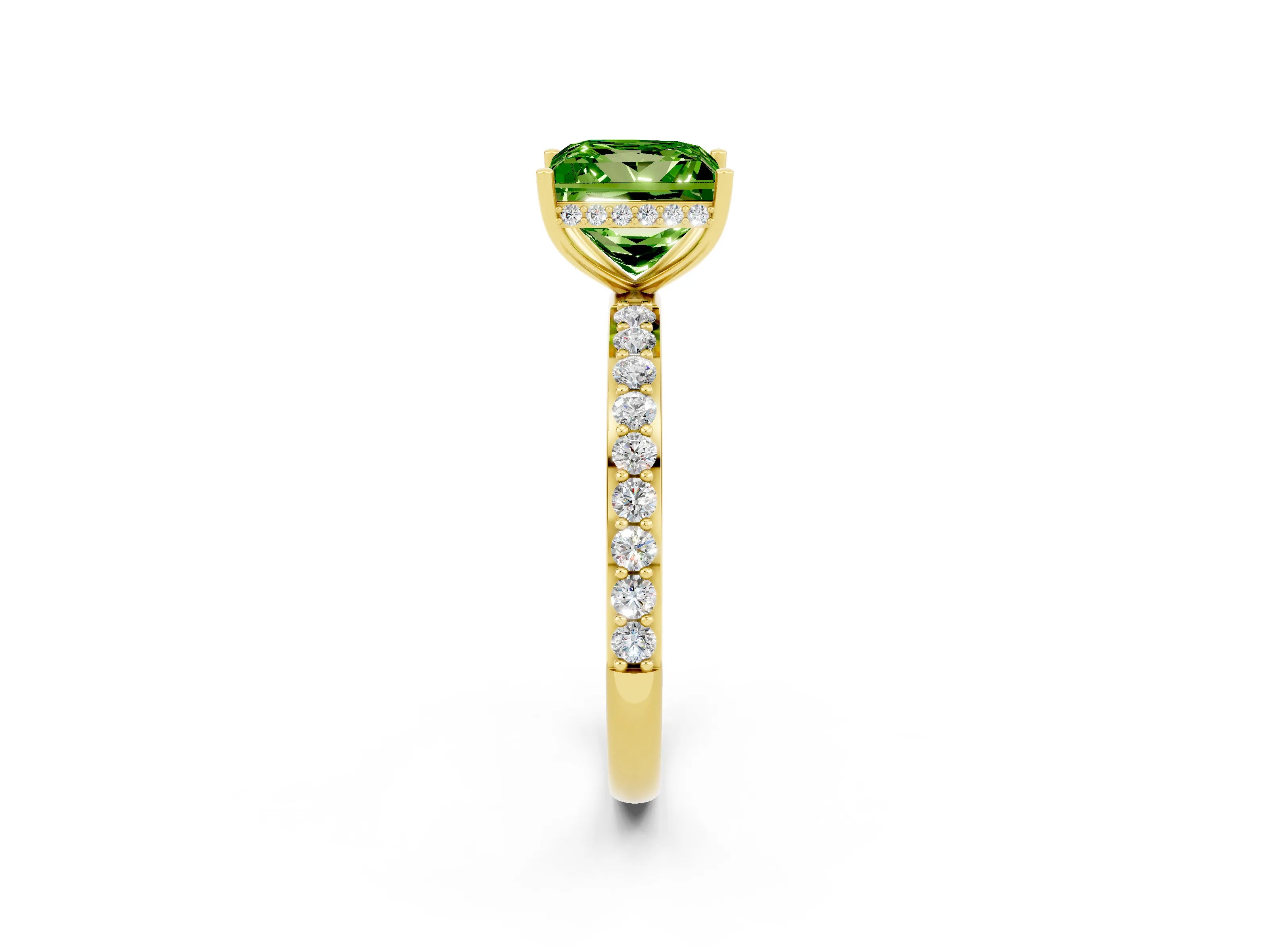 Yellow gold Princess Cut Peridot Solitaire Ring with Pavé Band and Hidden Halo_14