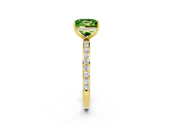 Yellow gold Princess Cut Peridot Solitaire Ring with Pavé Band and Hidden Halo