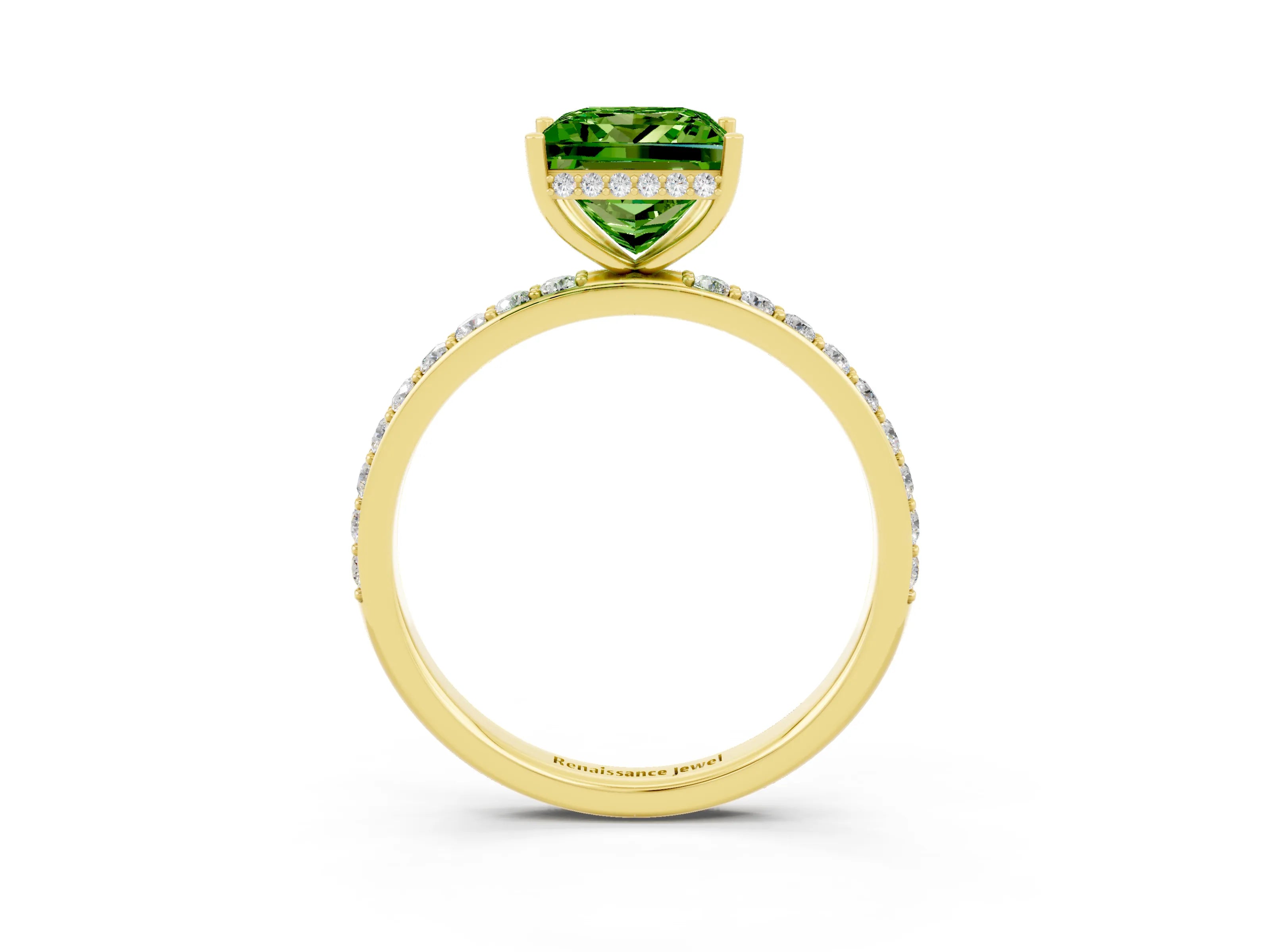 Yellow gold Princess Cut Peridot Solitaire Ring with Pavé Band and Hidden Halo_15