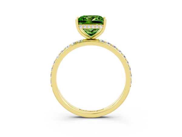 Yellow gold Princess Cut Peridot Solitaire Ring with Pavé Band and Hidden Halo