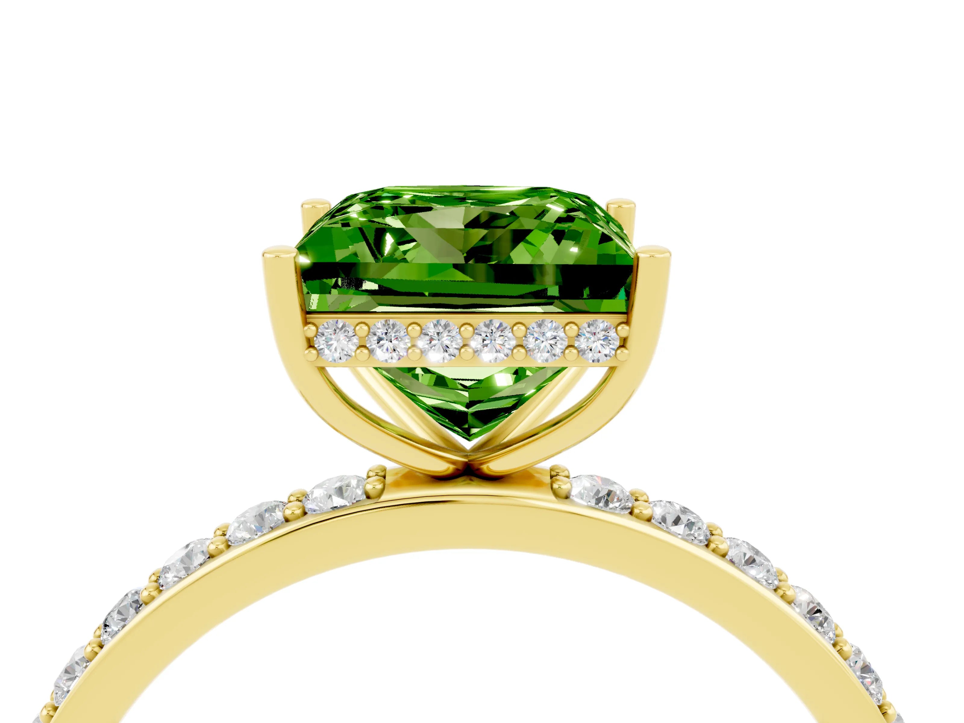 Yellow gold Princess Cut Peridot Solitaire Ring with Pavé Band and Hidden Halo_16