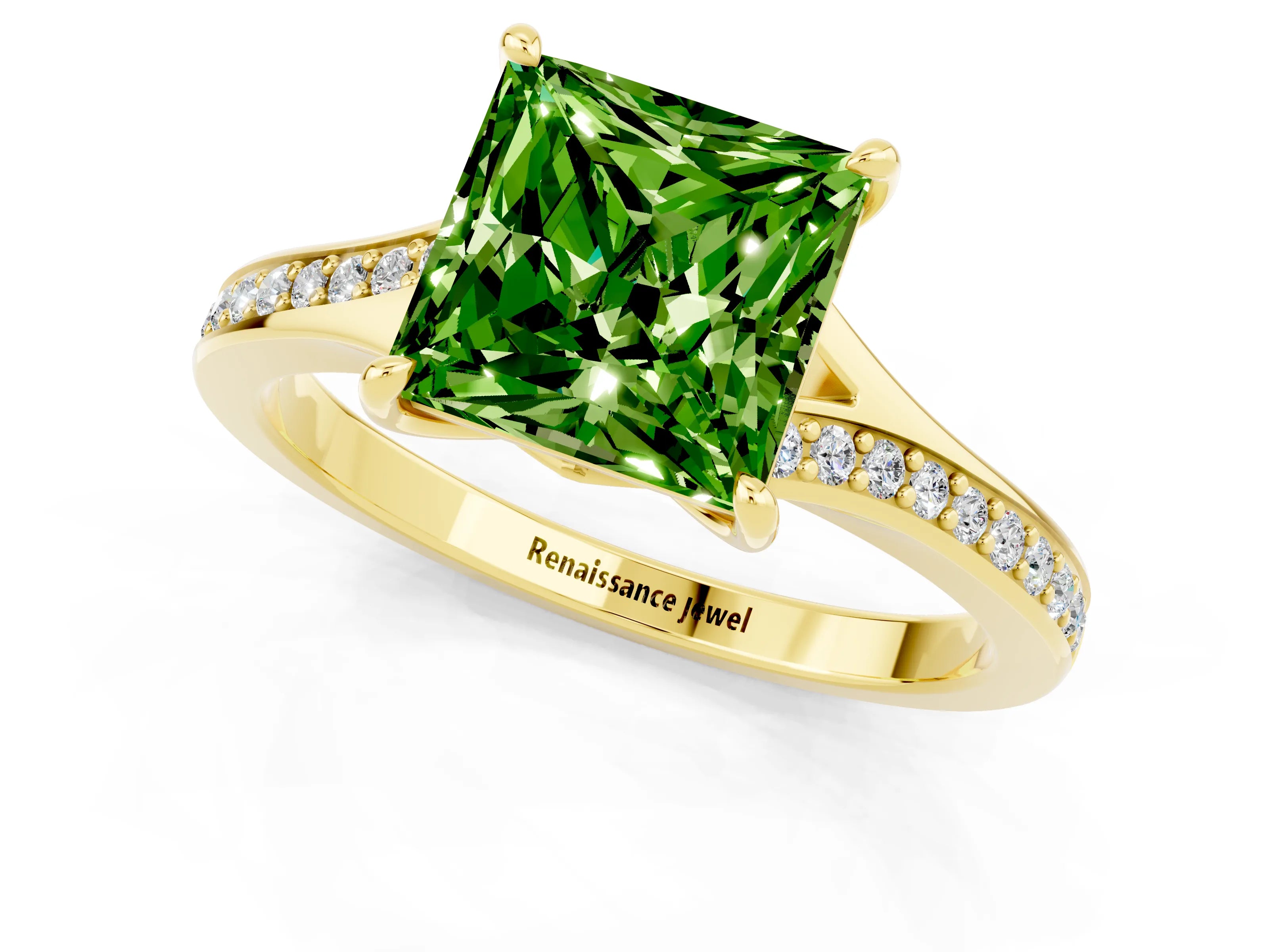 Yellow gold Princess Cut Peridot Solitaire Ring with Pavé Band and Prong Setting_1