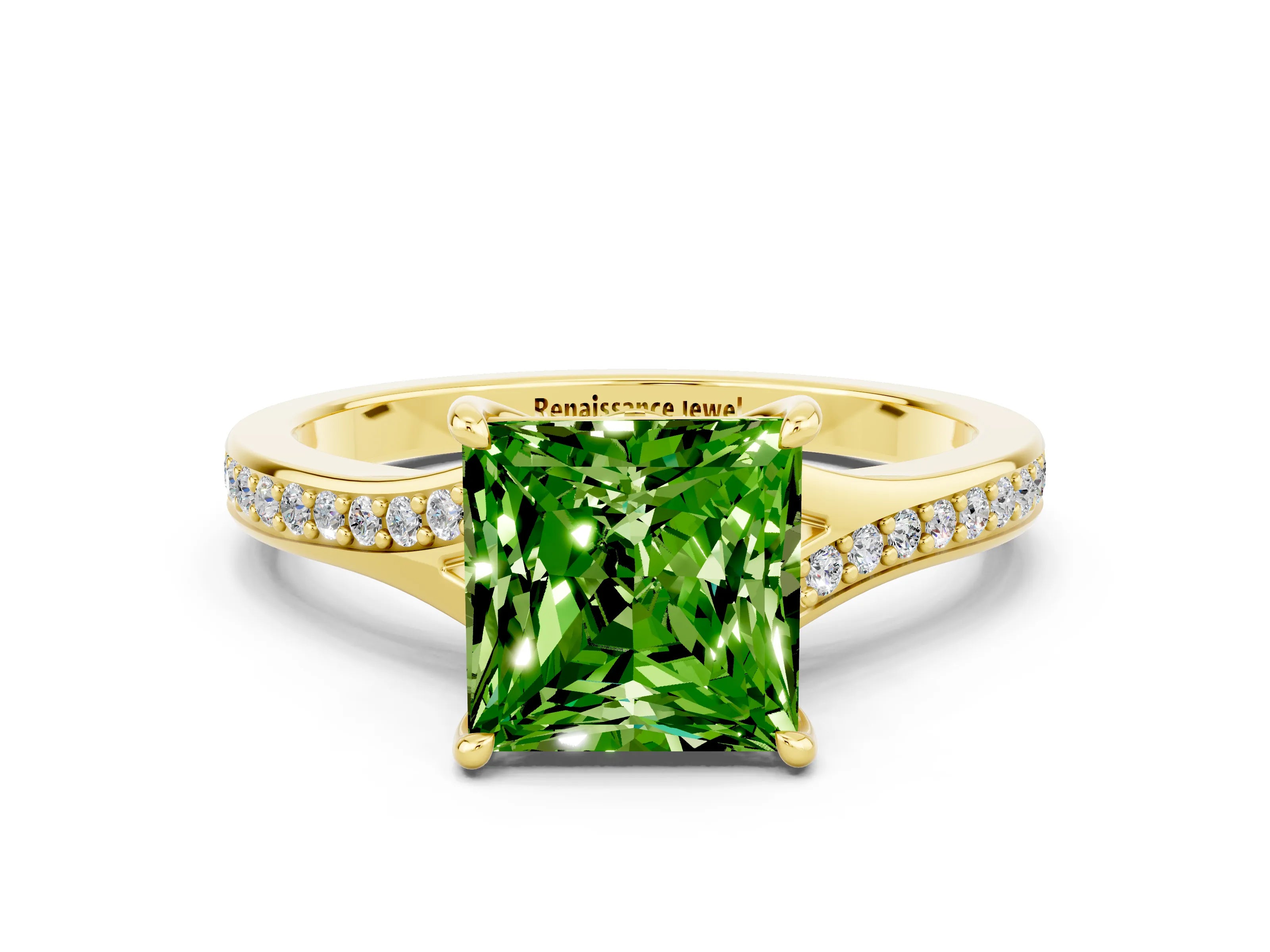 Yellow gold Princess Cut Peridot Solitaire Ring with Pavé Band and Prong Setting_12