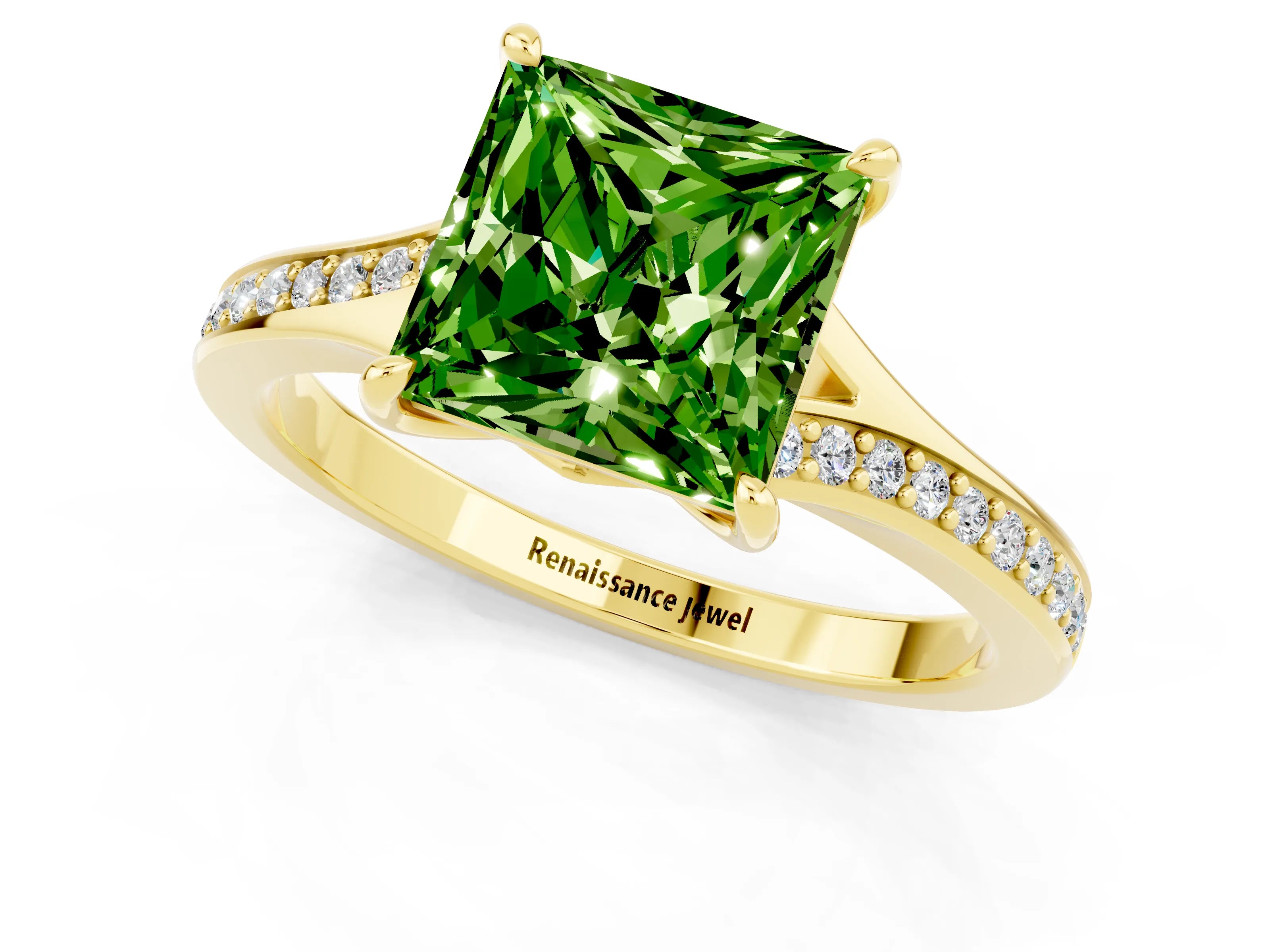 Yellow gold Princess Cut Peridot Solitaire Ring with Pavé Band and Prong Setting_13