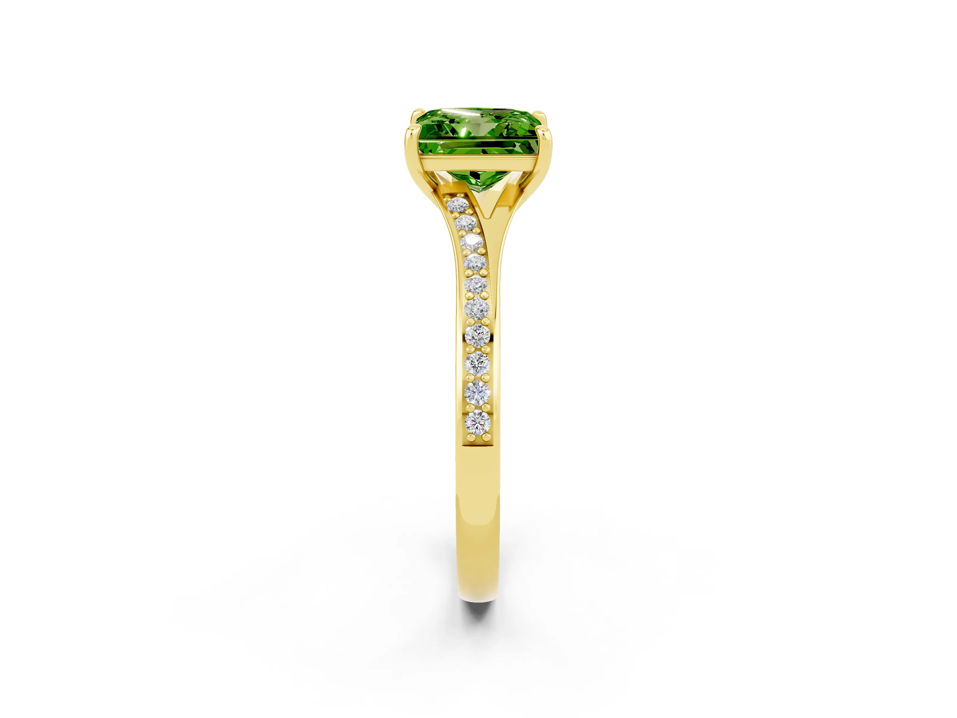 Yellow gold Princess Cut Peridot Solitaire Ring with Pavé Band and Prong Setting_14