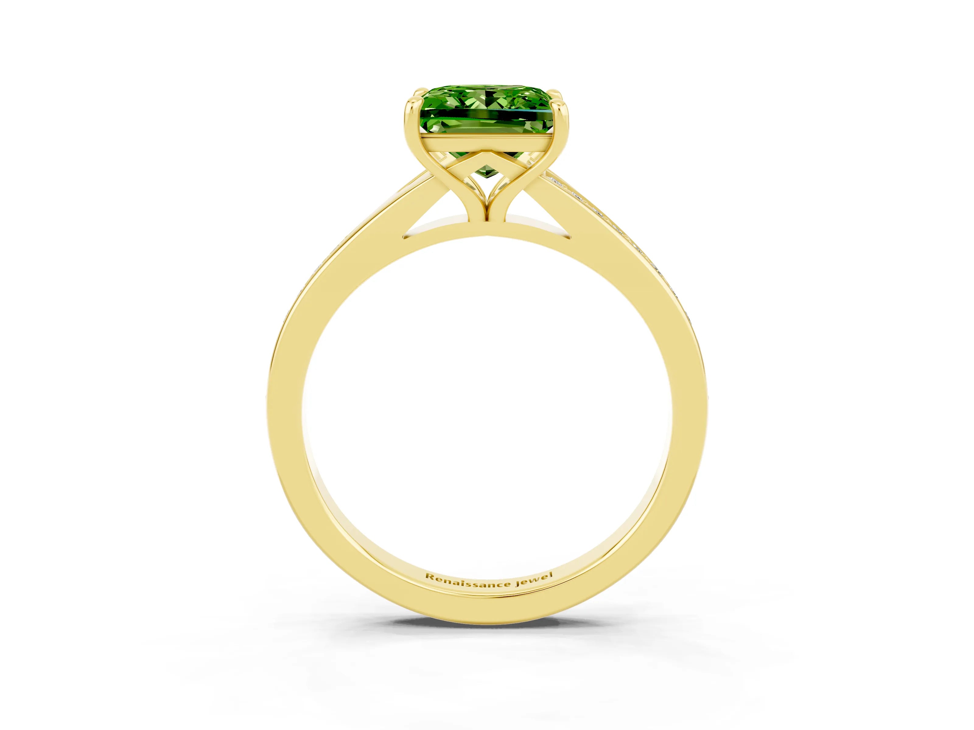 Yellow gold Princess Cut Peridot Solitaire Ring with Pavé Band and Prong Setting_15