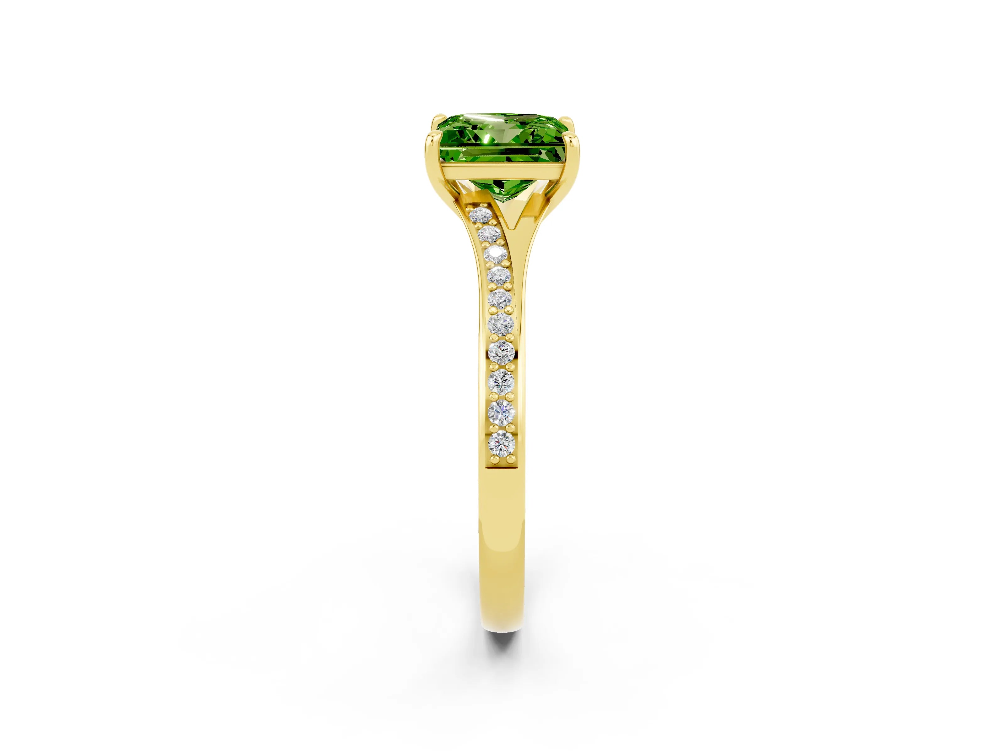 Yellow gold Princess Cut Peridot Solitaire Ring with Pavé Band and Prong Setting_2