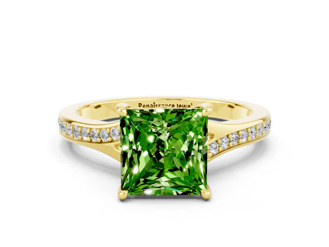Yellow gold Princess Cut Peridot Solitaire Ring with Pavé Band and Prong Setting