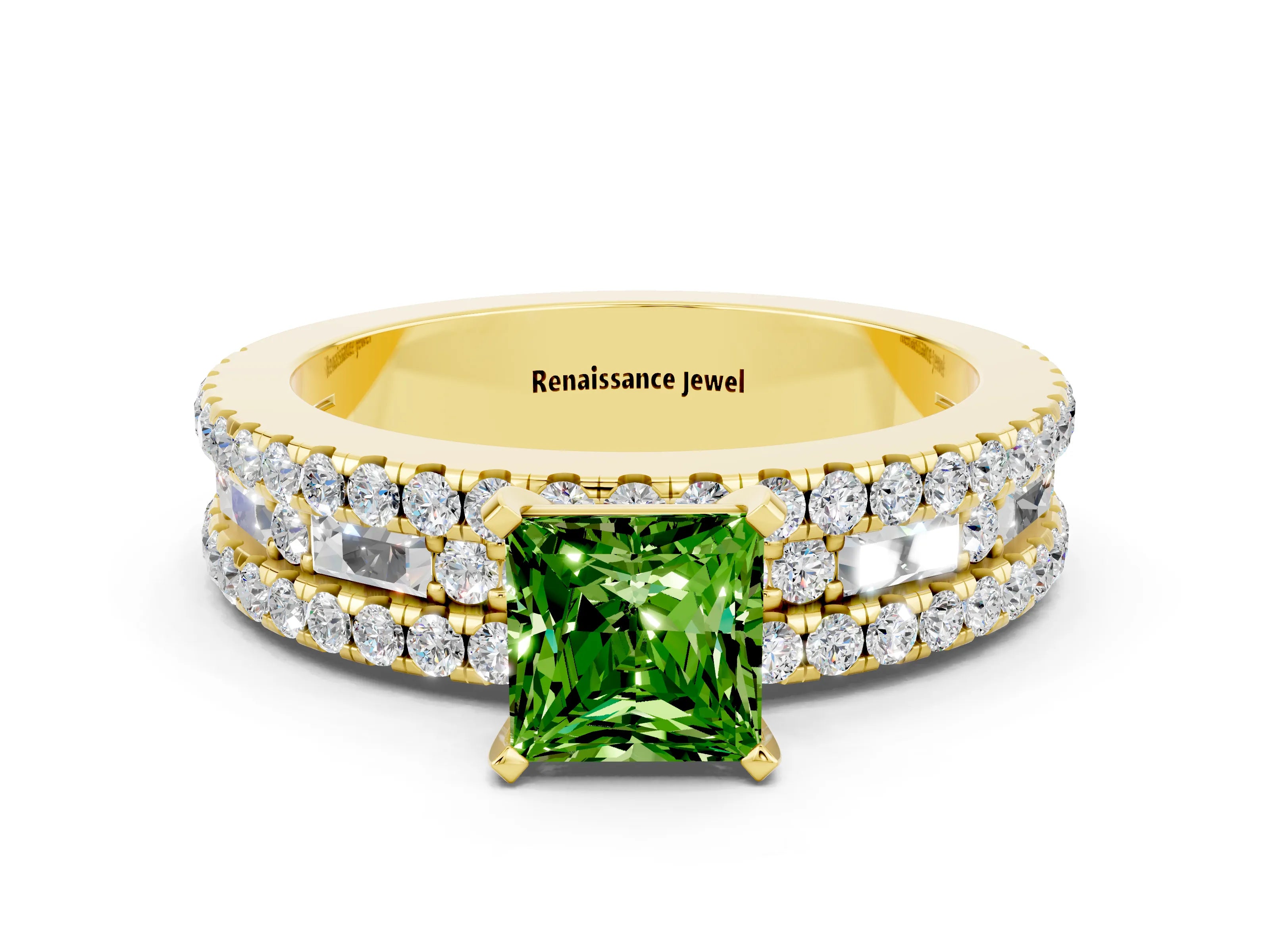 Yellow gold Princess Cut Peridot Solitaire Ring with Pavé and Channel Set Band
