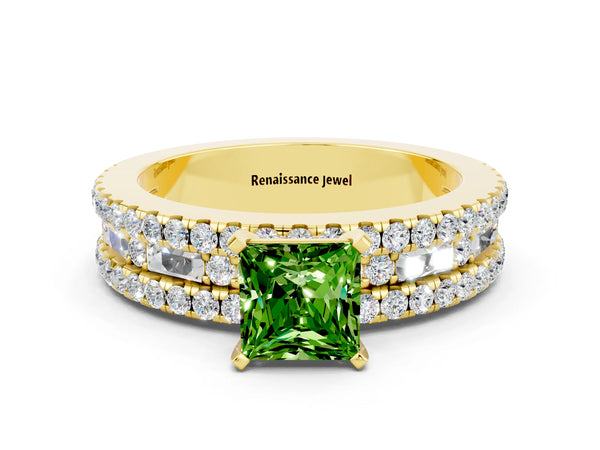 Yellow gold Princess Cut Peridot Solitaire Ring with Pavé and Channel Set Band