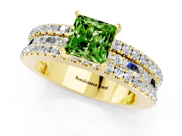 Yellow gold Princess Cut Peridot Solitaire Ring with Pavé and Channel Set Band