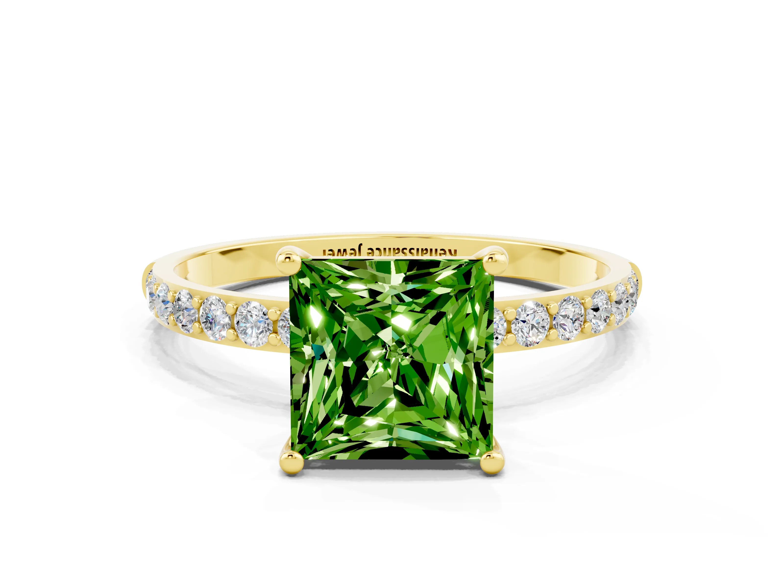 Yellow gold Princess Cut Peridot Solitaire Ring with Pave Band and Four Prong Setting_24