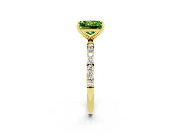 Yellow gold Princess Cut Peridot Solitaire Ring with Round  Pavé Band and Prong Setting