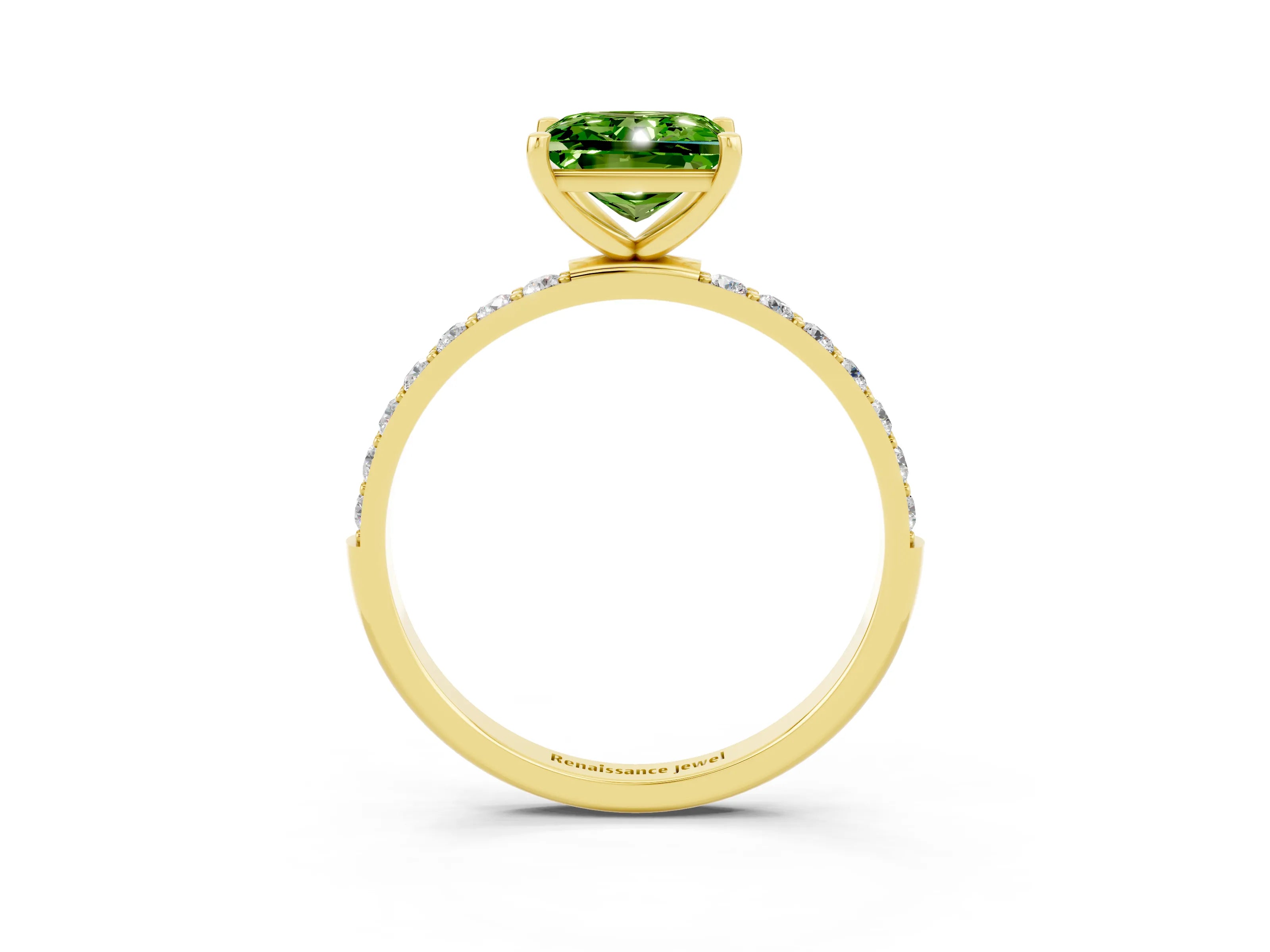 Yellow gold Princess Cut Peridot Solitaire Ring with Pave Band and Four Prong Setting_27