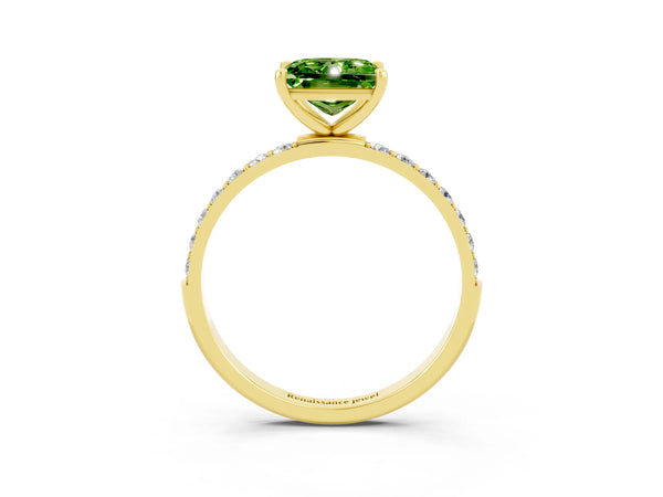 Yellow gold Princess Cut Peridot Solitaire Ring with Round  Pavé Band and Prong Setting
