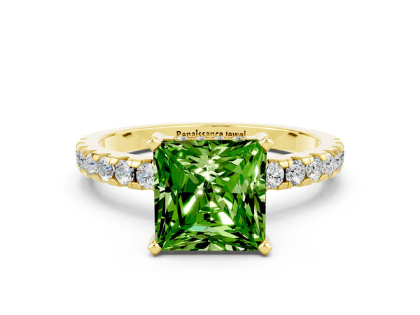 Yellow gold Princess Cut Peridot Solitaire Ring with Round  Pavé Band and Four-Prong Setting