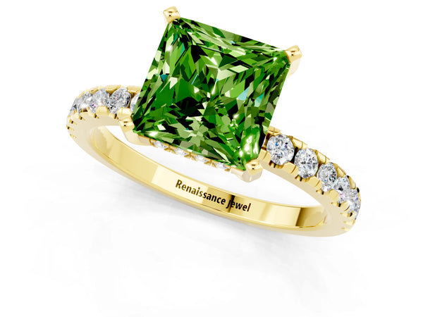 Yellow gold Princess Cut Peridot Solitaire Ring with Round  Pavé Band and Four-Prong Setting