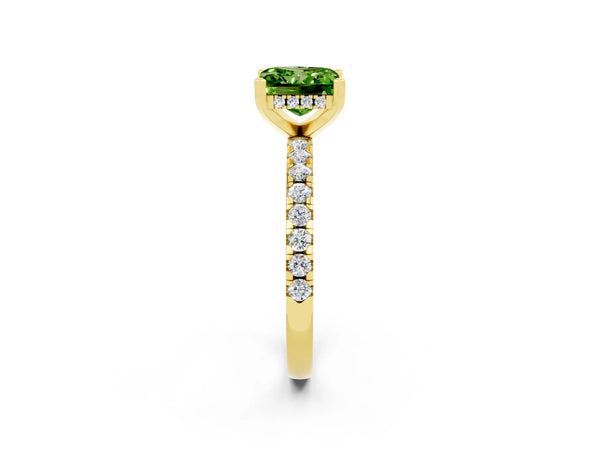 Yellow gold Princess Cut Peridot Solitaire Ring with Round  Pavé Band and Four-Prong Setting