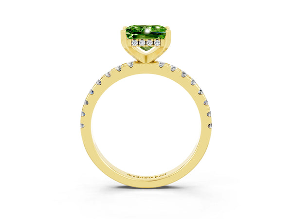 Yellow gold Princess Cut Peridot Solitaire Ring with Round  Pavé Band and Four-Prong Setting