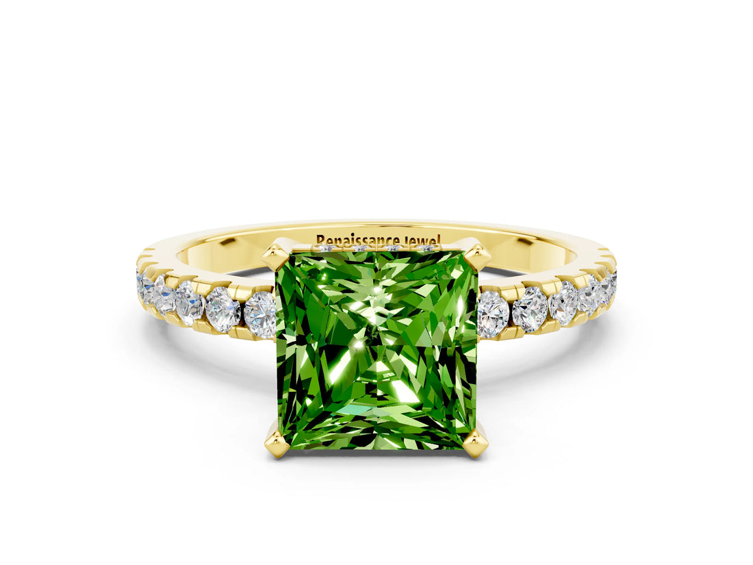 Yellow gold Princess Cut Peridot Solitaire Ring with Round  Pavé Band and Four-Prong Setting_36