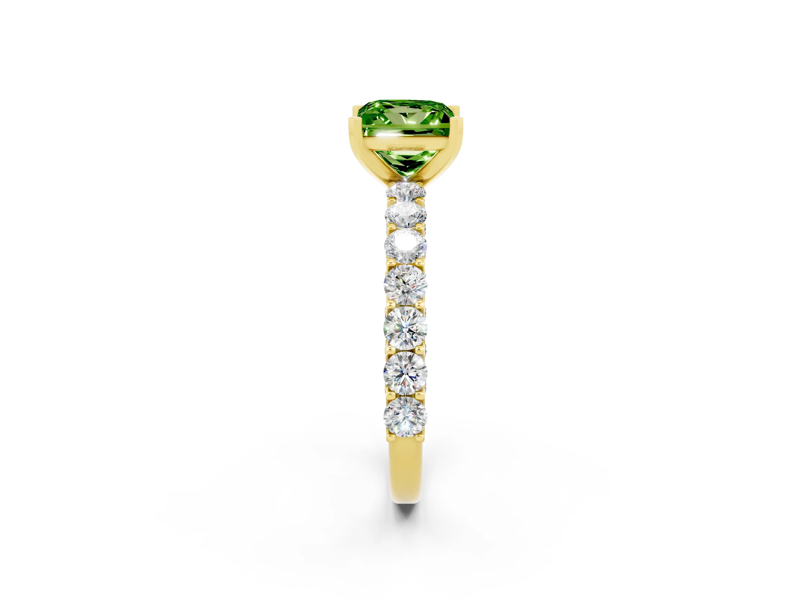 Yellow gold Princess Cut Peridot Solitaire Ring with Shared Prong Pavé Band and Four-Prong Setting_2