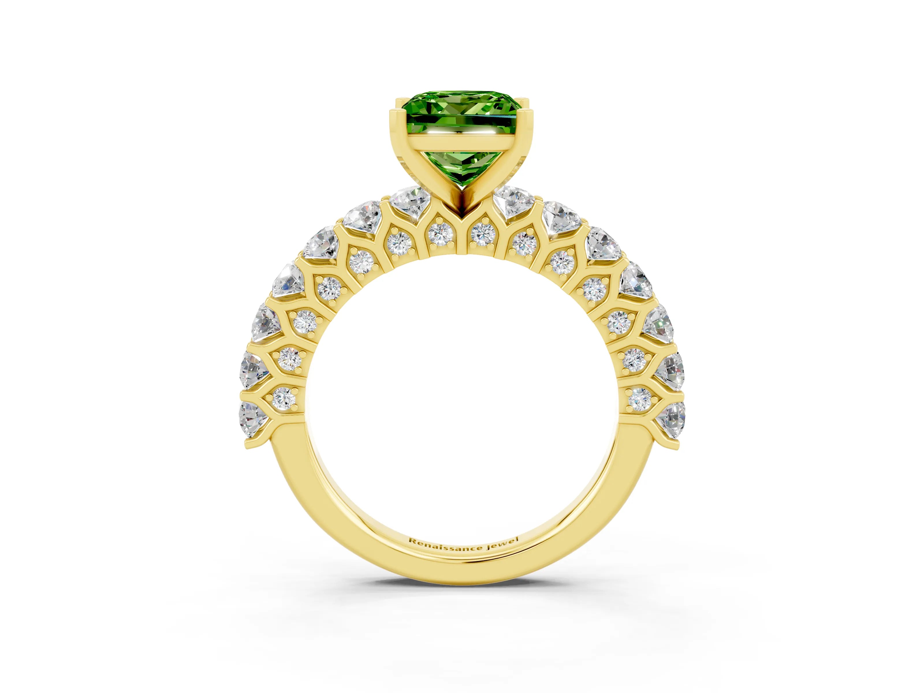 Yellow gold Princess Cut Peridot Solitaire Ring with Shared Prong Pavé Band and Four-Prong Setting_3