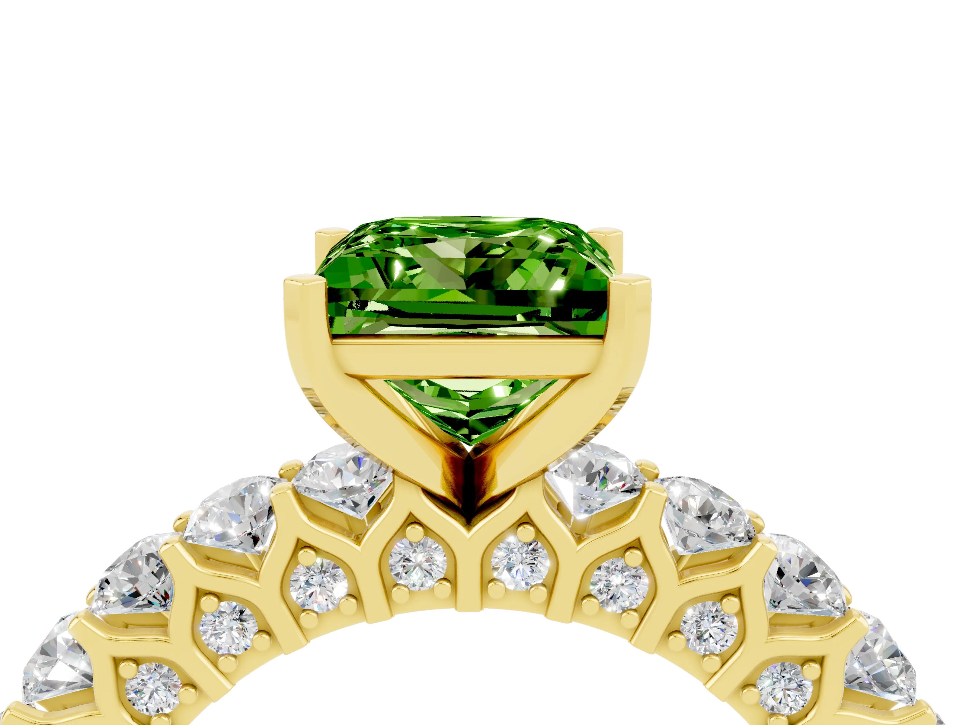Yellow gold Princess Cut Peridot Solitaire Ring with Shared Prong Pavé Band and Four-Prong Setting_4