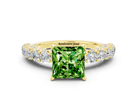 Yellow gold Princess Cut Peridot Solitaire Ring with Shared Prong Pavé Band and Four-Prong Setting