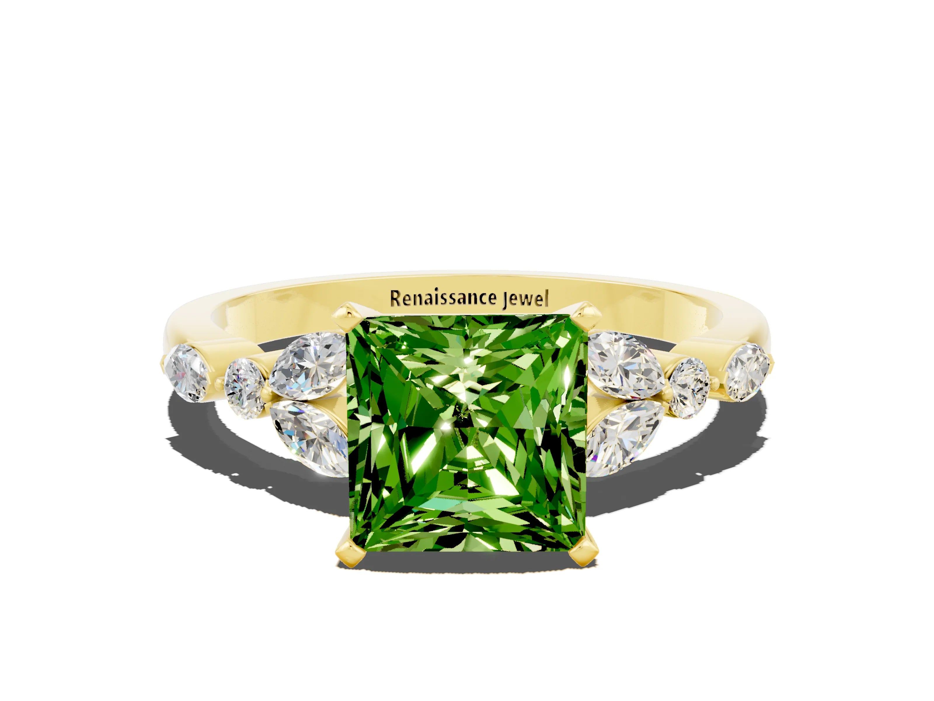 Yellow gold Princess Cut Peridot Solitaire Ring with Side Stones and Four-Prong Setting_12