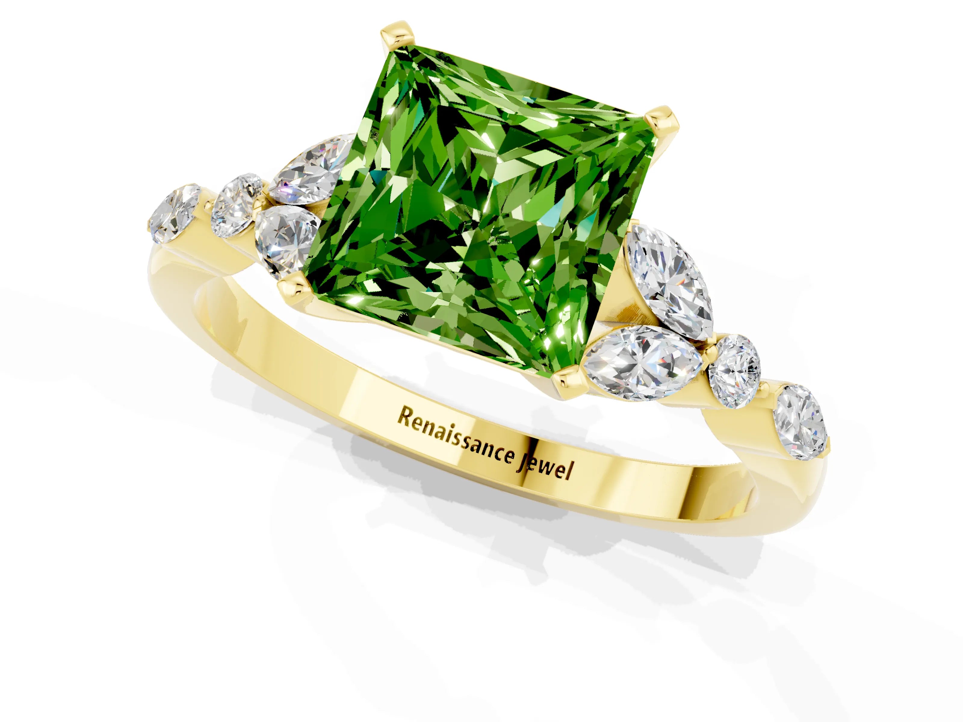 Yellow gold Princess Cut Peridot Solitaire Ring with Side Stones and Four-Prong Setting_13