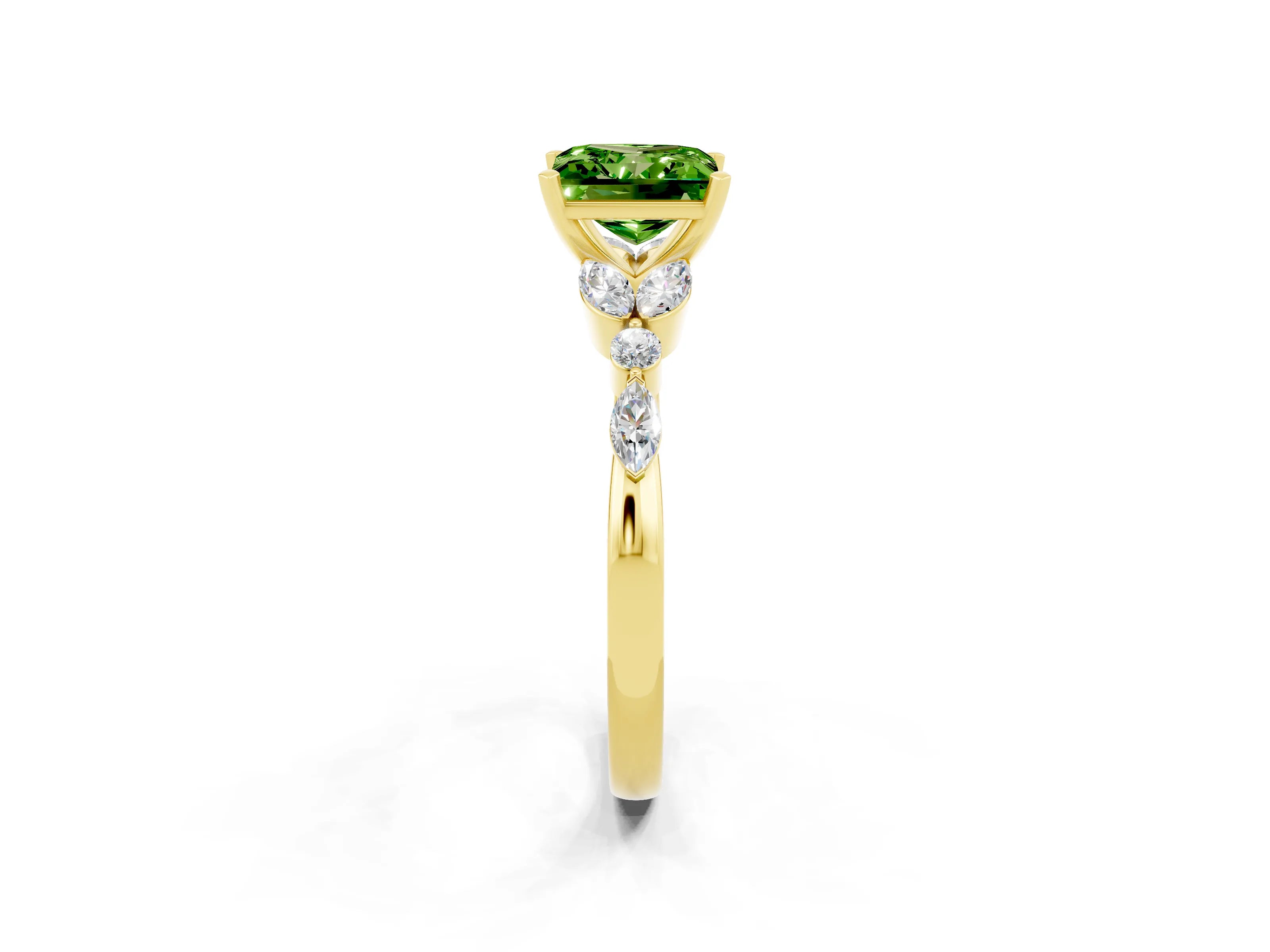 Yellow gold Princess Cut Peridot Solitaire Ring with Side Stones and Four-Prong Setting_14