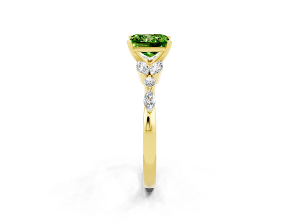 Yellow gold Princess Cut Peridot Solitaire Ring with Side Stones and Four-Prong Setting