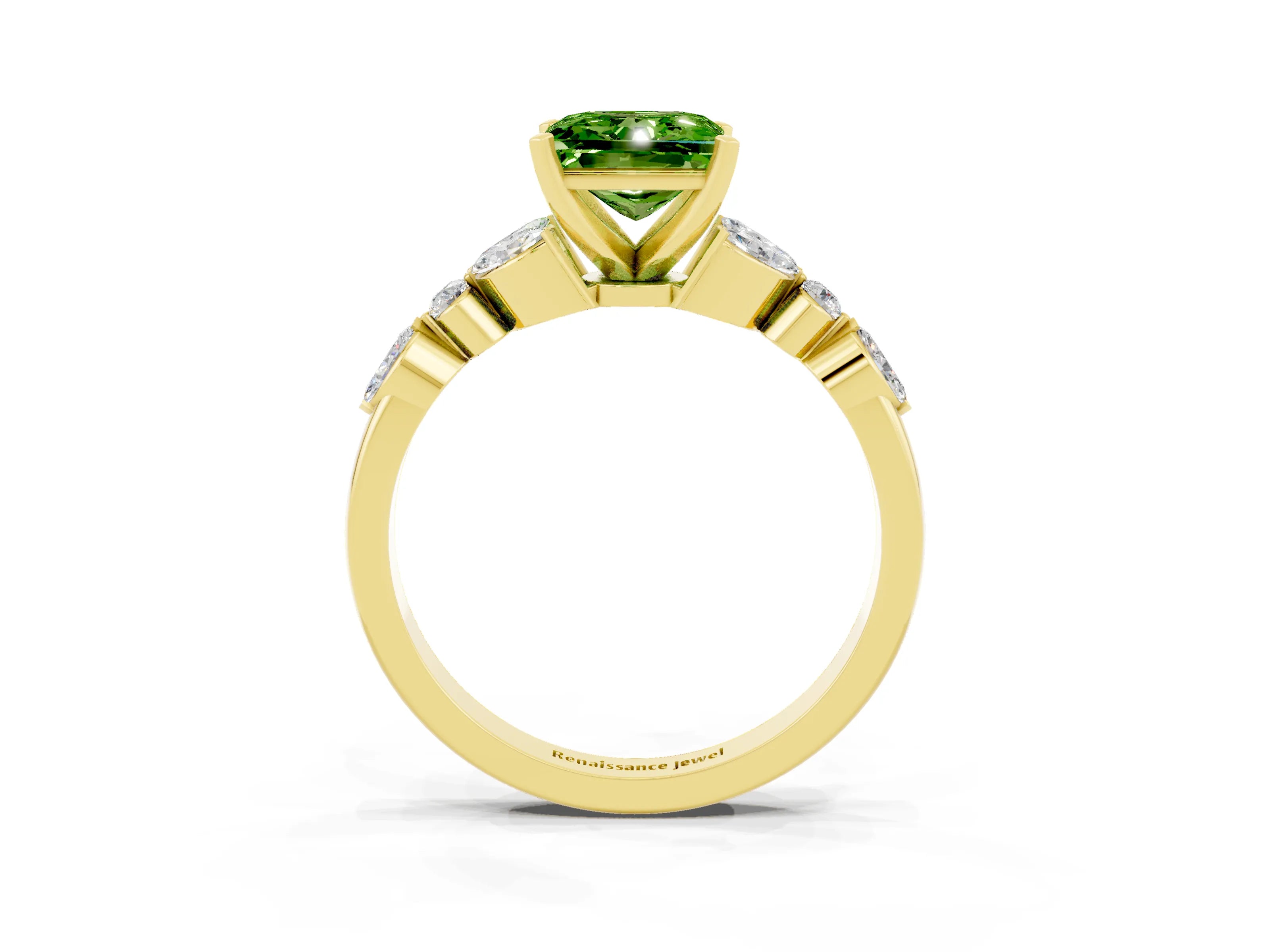 Yellow gold Princess Cut Peridot Solitaire Ring with Side Stones and Four-Prong Setting_15