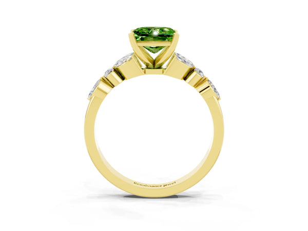 Yellow gold Princess Cut Peridot Solitaire Ring with Side Stones and Four-Prong Setting