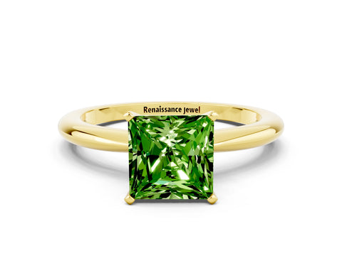 Yellow gold Princess Cut Peridot Solitaire Ring with Six-Prong Setting and Classic Band