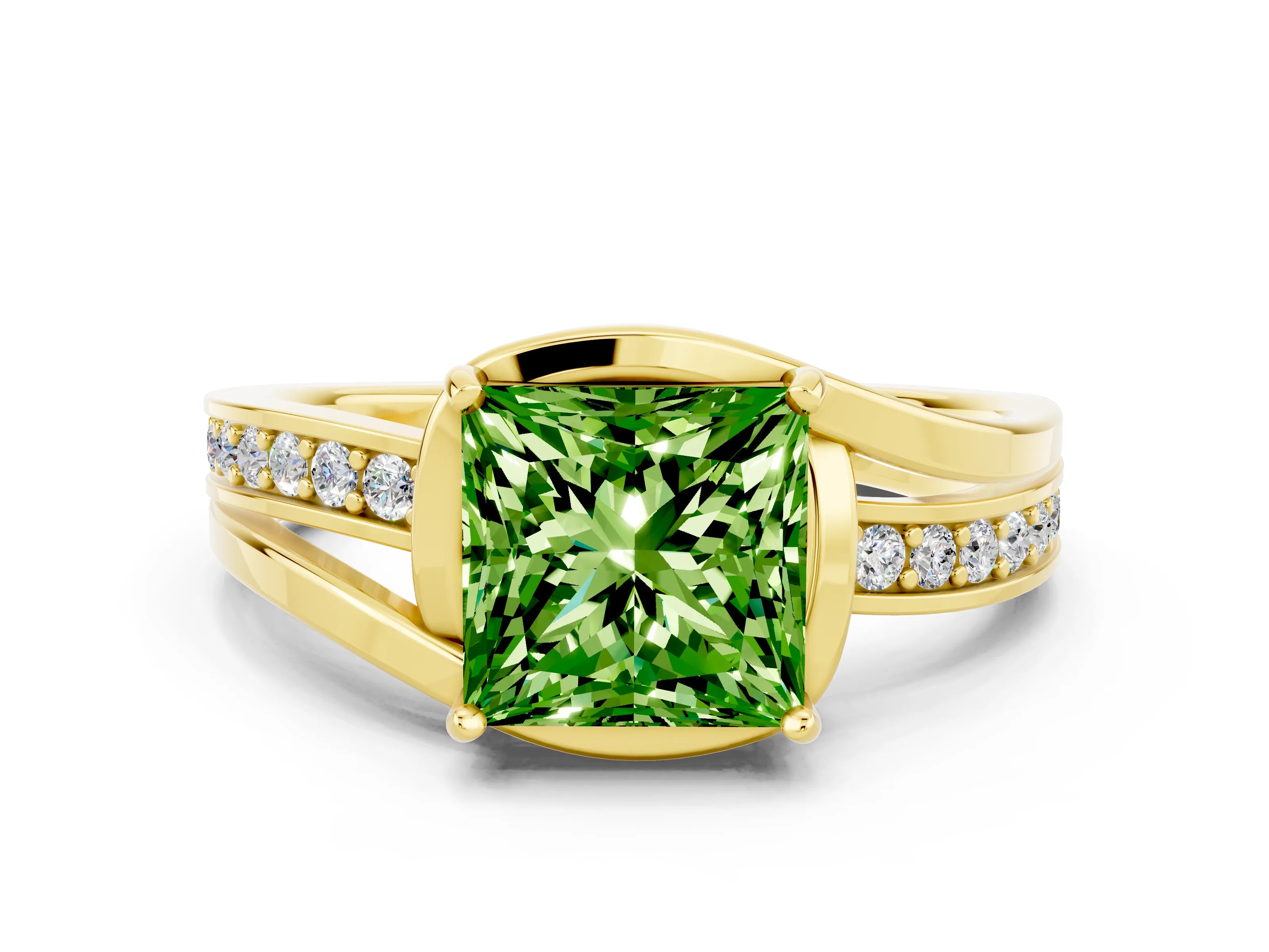 Yellow gold Princess Cut Peridot Solitaire Ring with Split Shank and Prong Setting