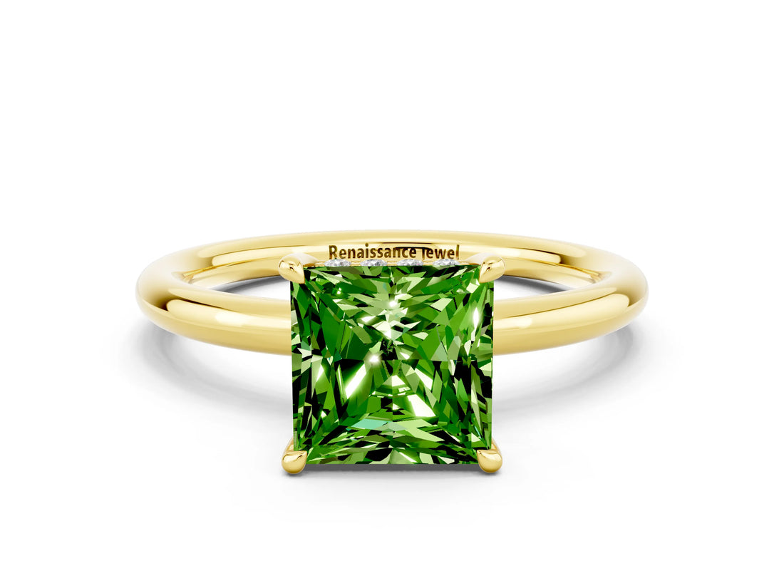 Yellow gold Princess Cut Peridot Solitaire Ring with Thin Band and Four-Prong Setting_12