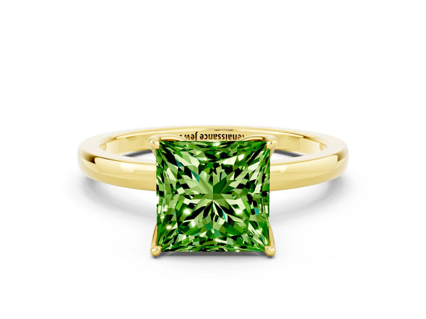 Yellow gold Princess Cut Peridot Solitaire Ring with Thin Band and Prong Setting