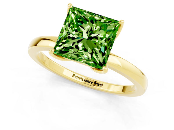 Yellow gold Princess Cut Peridot Solitaire Ring with Thin Band and Prong Setting