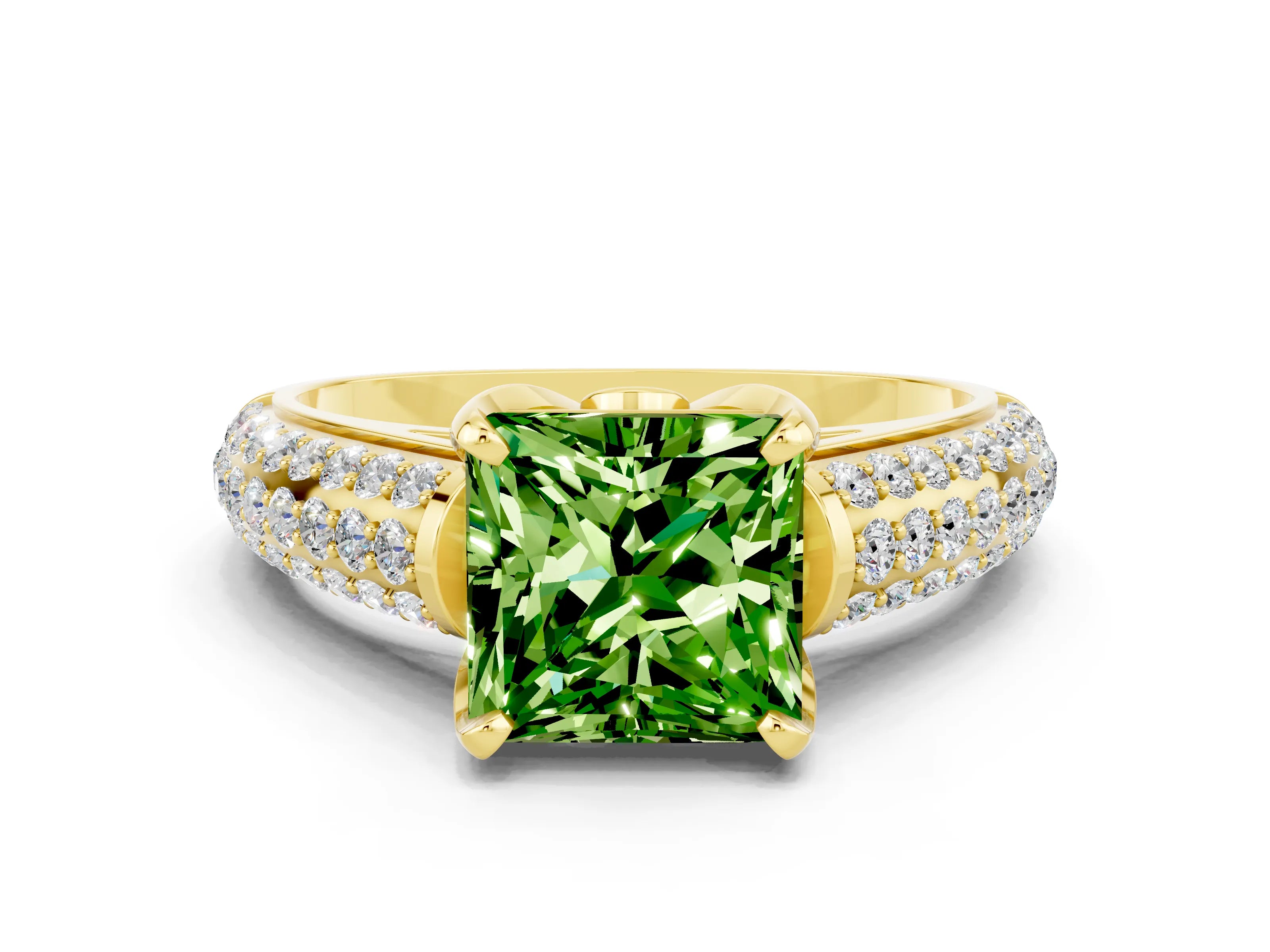 Yellow gold Princess Cut Peridot Solitaire Ring with Three-Row Pavé Band and Four-Prong Setting_12